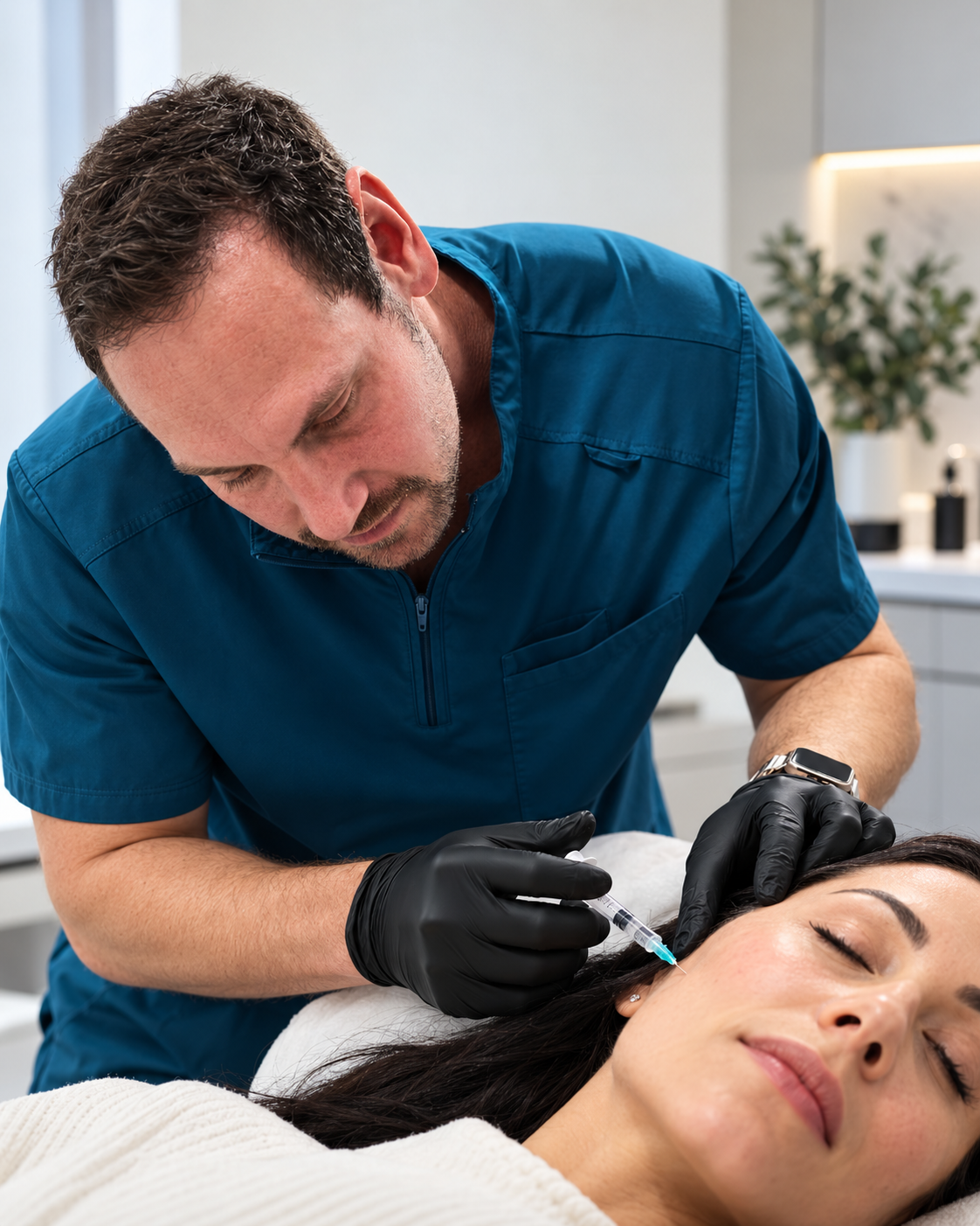 Dr Lombard performing a skin treatment
